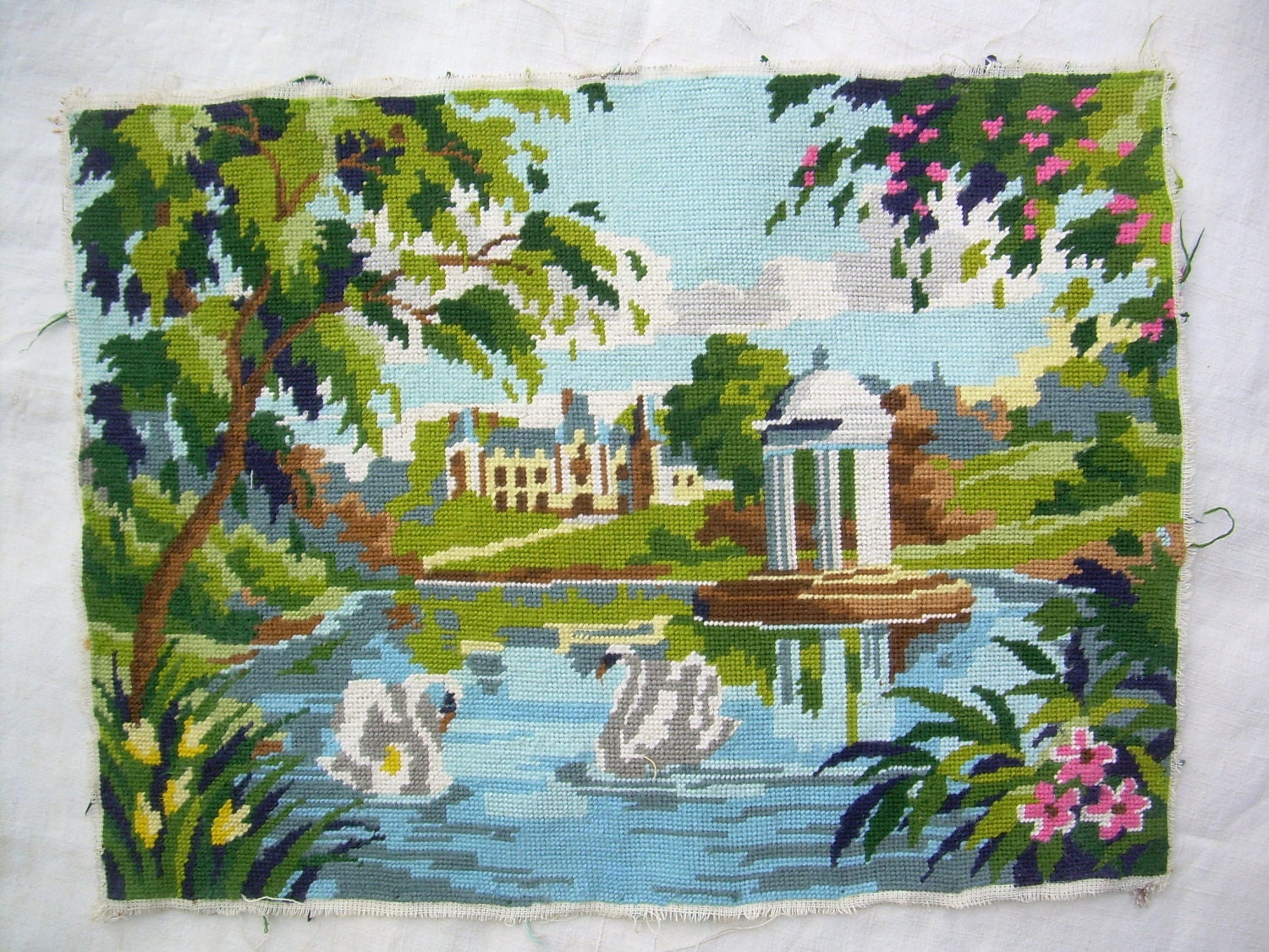 vintage needlepoint tapestry swan, castle, kiosque, see