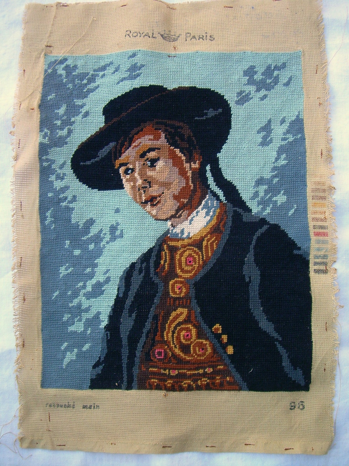 vintage needlepoint tapestry, Brittany man in traditional costume, canevas breton, France