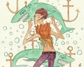 The Seashell Girls Series - Shark- 3 of 3 - 11 x 14 Art Print