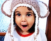 SALE 12 to 24m Toddler Monkey Hat Brown Monkey Earflap Hat Crochet Baby Hat - Unisex Monkey Beanie Monkey Ears Earflap Toddler Photo Prop
