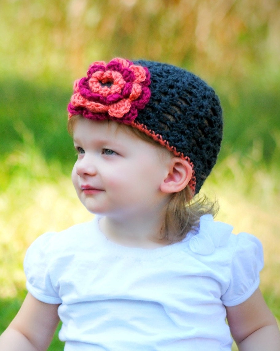 Crochet Baby Hat - Grey Toddler Hat with Peach and Cranberry Flower - Additional Sizes Available