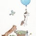 Dachshund Art- Welcome Baby 5x7 Archival Print- Two Dachshunds with Blue Balloon and Baby in a Basket- Nursery Wall Art