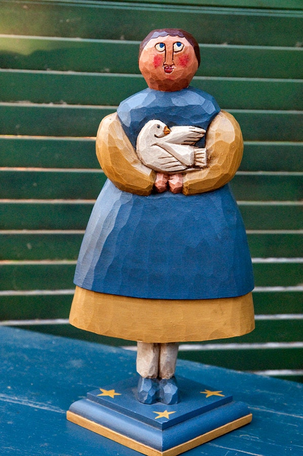 Simple Lady in Blue and Yellow, Whimsical Folk Art Wood Sculpture