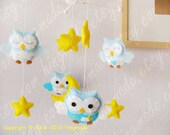Baby Mobile - Crib Mobile - Felt Mobile - Modern Mobile - Bird Owl Mobile - Blue White Owls in a Yellow starry night(U can pick your colors)