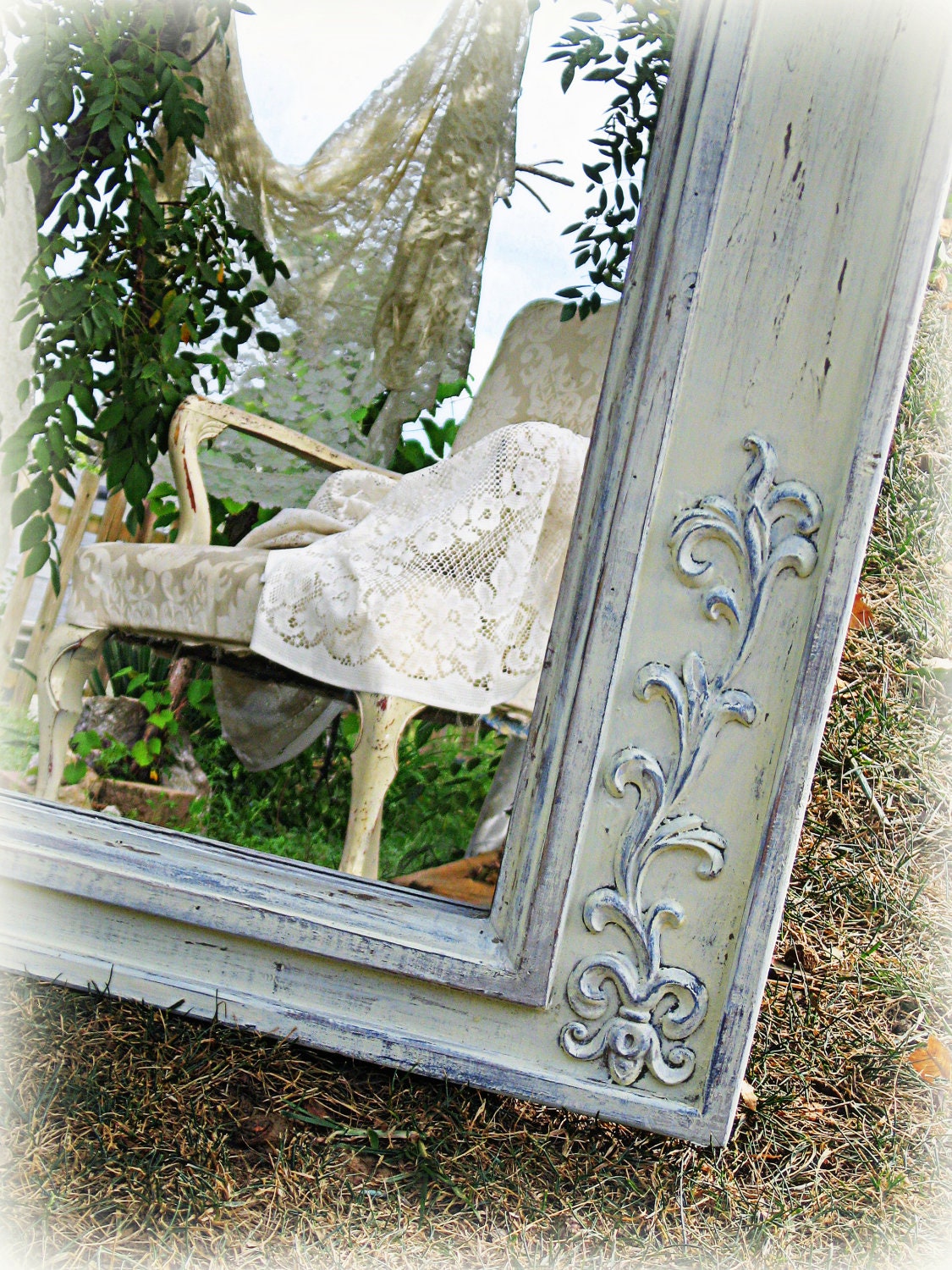French Farmhouse Chic Wooden Mirror, Ornate Shabby Chic Mirror