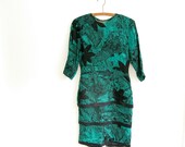 1980s vintage silk party dress - green / black - mini - three quarter sleeves - small / medium