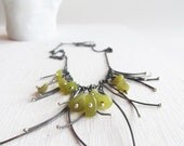 sterling silver bib statement necklace - oxidized silver with green jade stone - sculptural pendant necklace - handmade by lolide