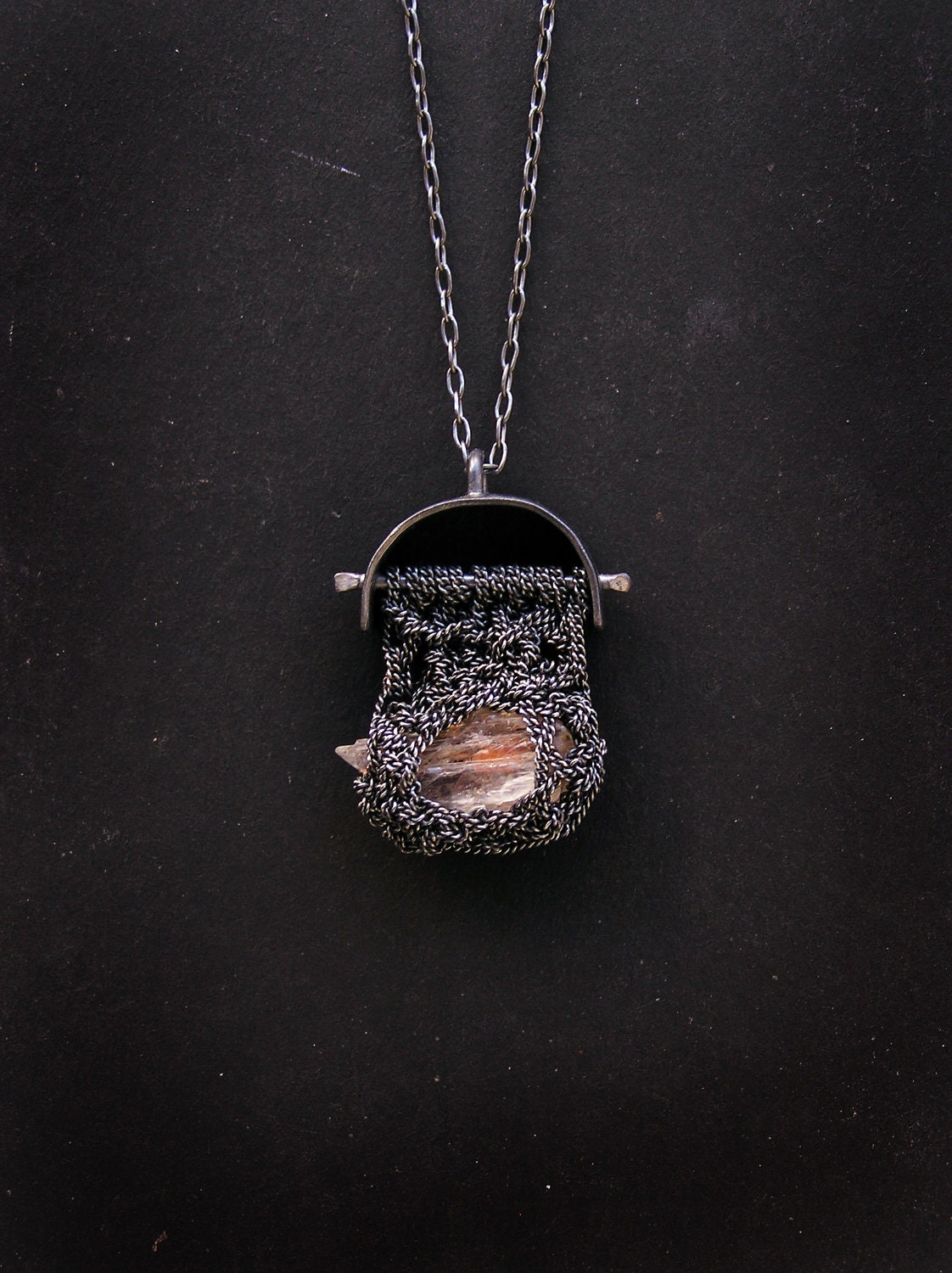 NEW - raw Hiddinite Armor crochet oxidized silver necklace for men