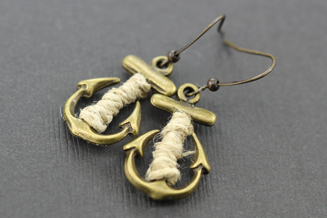 Anchor Earring : Twine Wrapped Nautical Anchor Earrings, Antique Bronze, Sailor, Theme, Fun, Simple, ArtisanTree