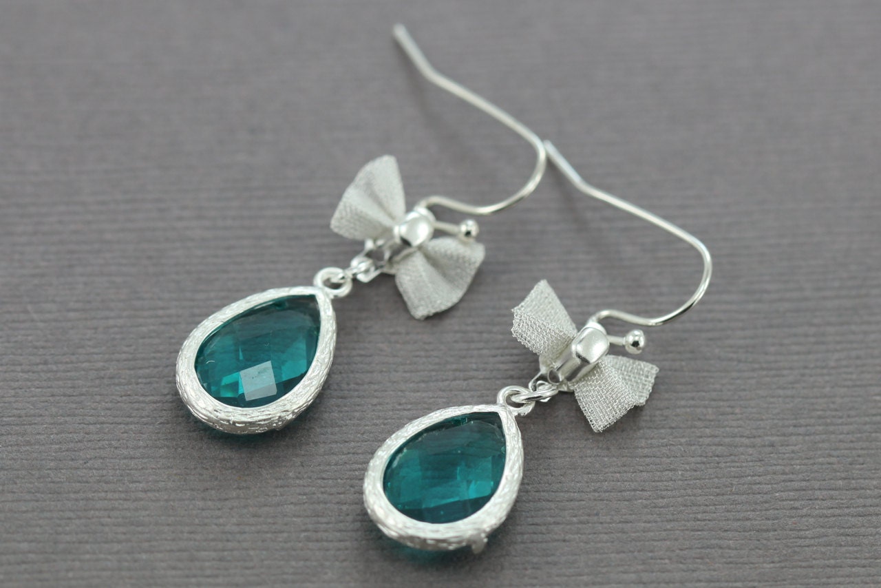 Crystal Bow Earrings : Crystal Teal Turquoise Silver Plated Pendant Earrings with Mesh Bow Link, Fancy, Dainty, Delicate, Birthstone
