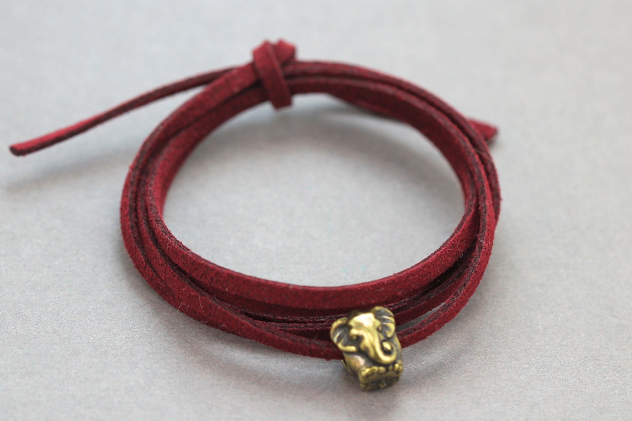 Lucky Elephant Bracelet : Tie On Bohemian Burgundy Red Leather Cord Wrap Bracelet with Brass Elephant Charm