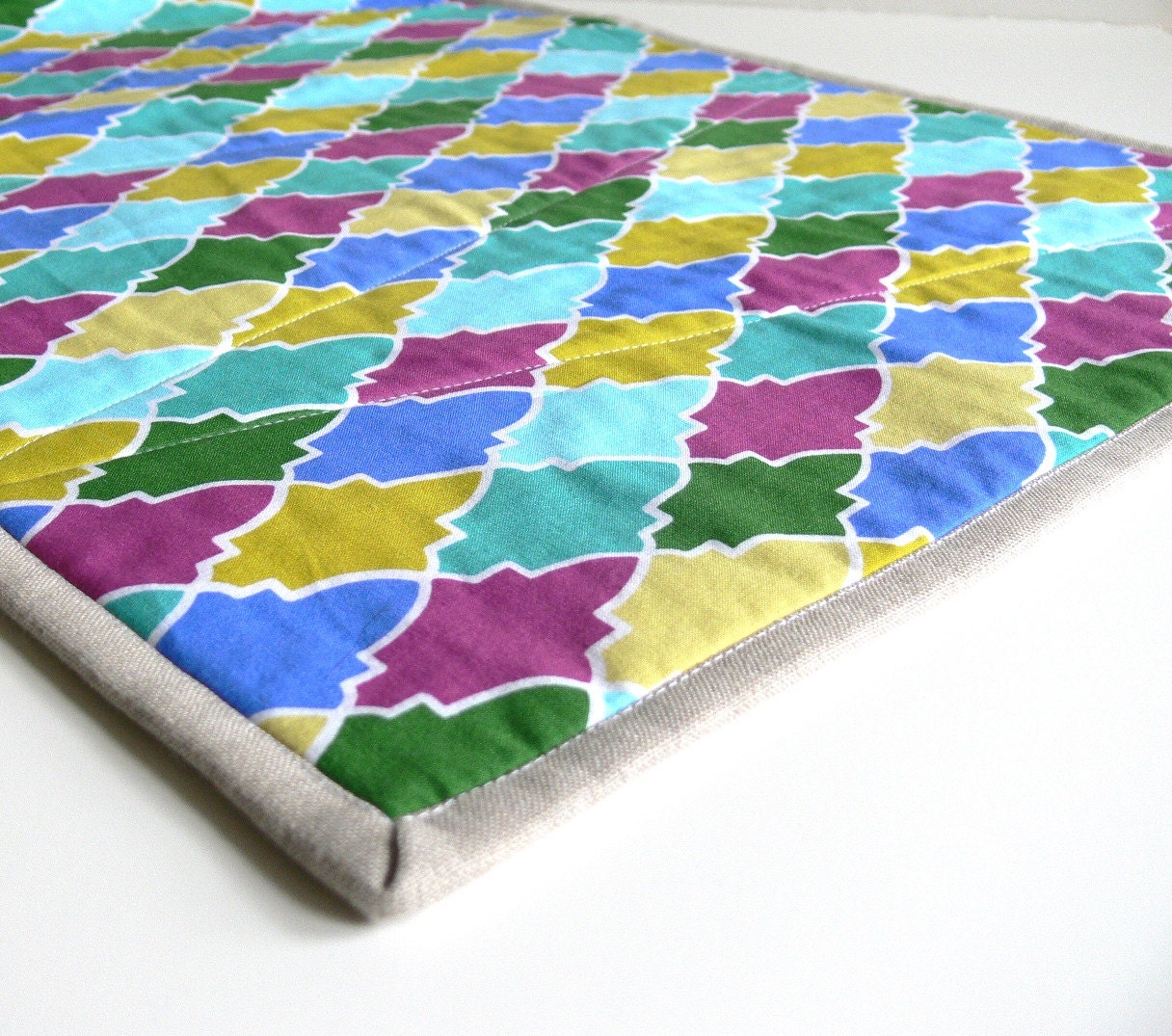 Quilted Table Runner with Natural Linen Binding -- Persian, Moroccan, Tiles, Teal, Aqua, Plum, Green