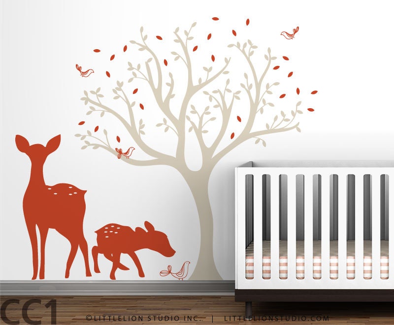 Modern Woodland - Tree Wall Decal - Deer Silhouette - Dark orange, beige, brown, white, lilac, white