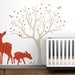 Modern Woodland - Tree Wall Decal - Deer Silhouette - Dark orange, beige, brown, white, lilac, white