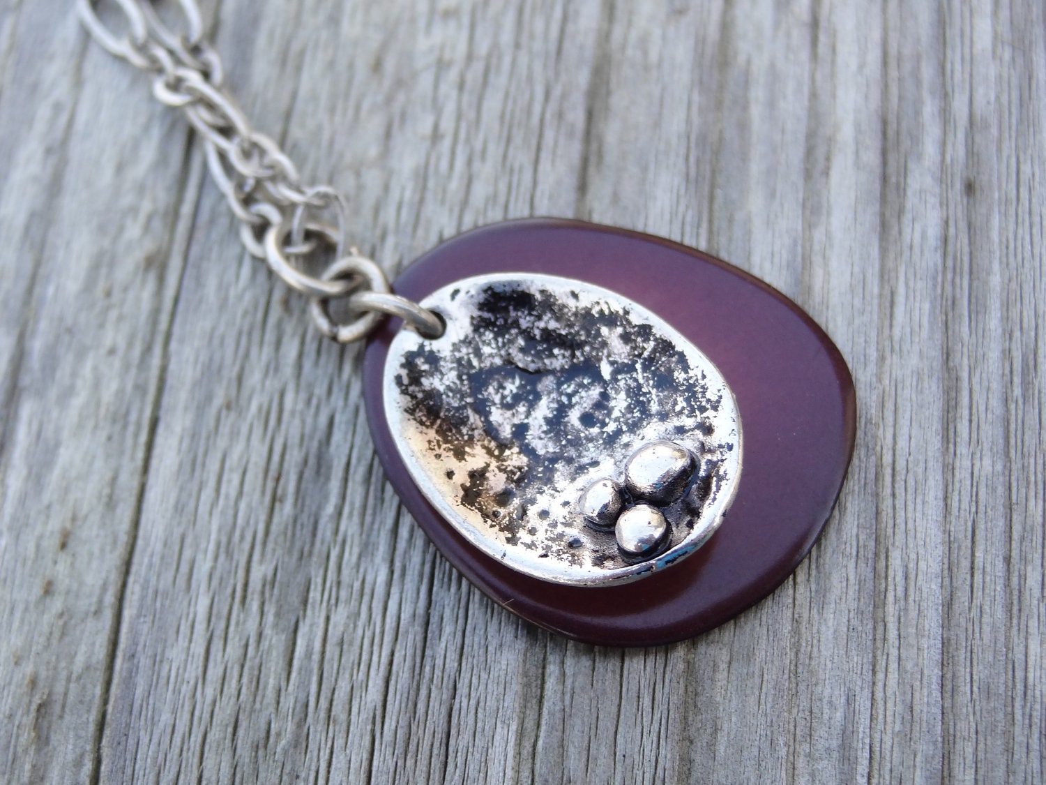 Wine Red Tagua Nut and Silver Charm Necklace on Oxidized Silver Chain