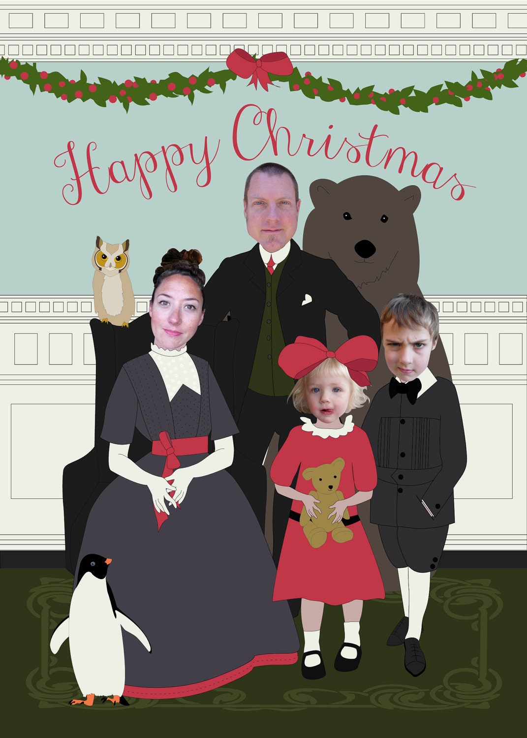 Vintage 1910's Family Photo with Animal Menagerie Holiday Card - Downton Abbey Inspired - Personalized & Printable Digital File