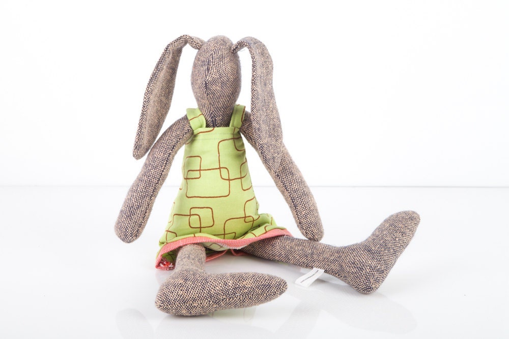 Modern stuffed bunny toy- hare rabbit softie fabric doll gray knitted pure silk doll In green retro dress  -  timo eco handmade fabric doll