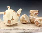Carved Organic-Inspired Stoneware Tea Set with Teapot and Four Cups