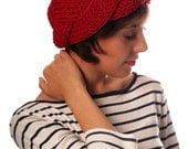 Cabled hand knitted headband / ear warmer in red color