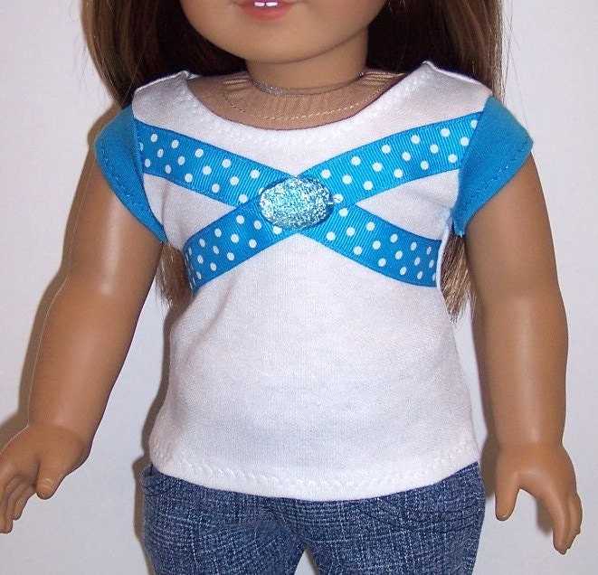 White T-Shirt with Turquoise Ribbon & Gemstone for American Girl/18" Dolls