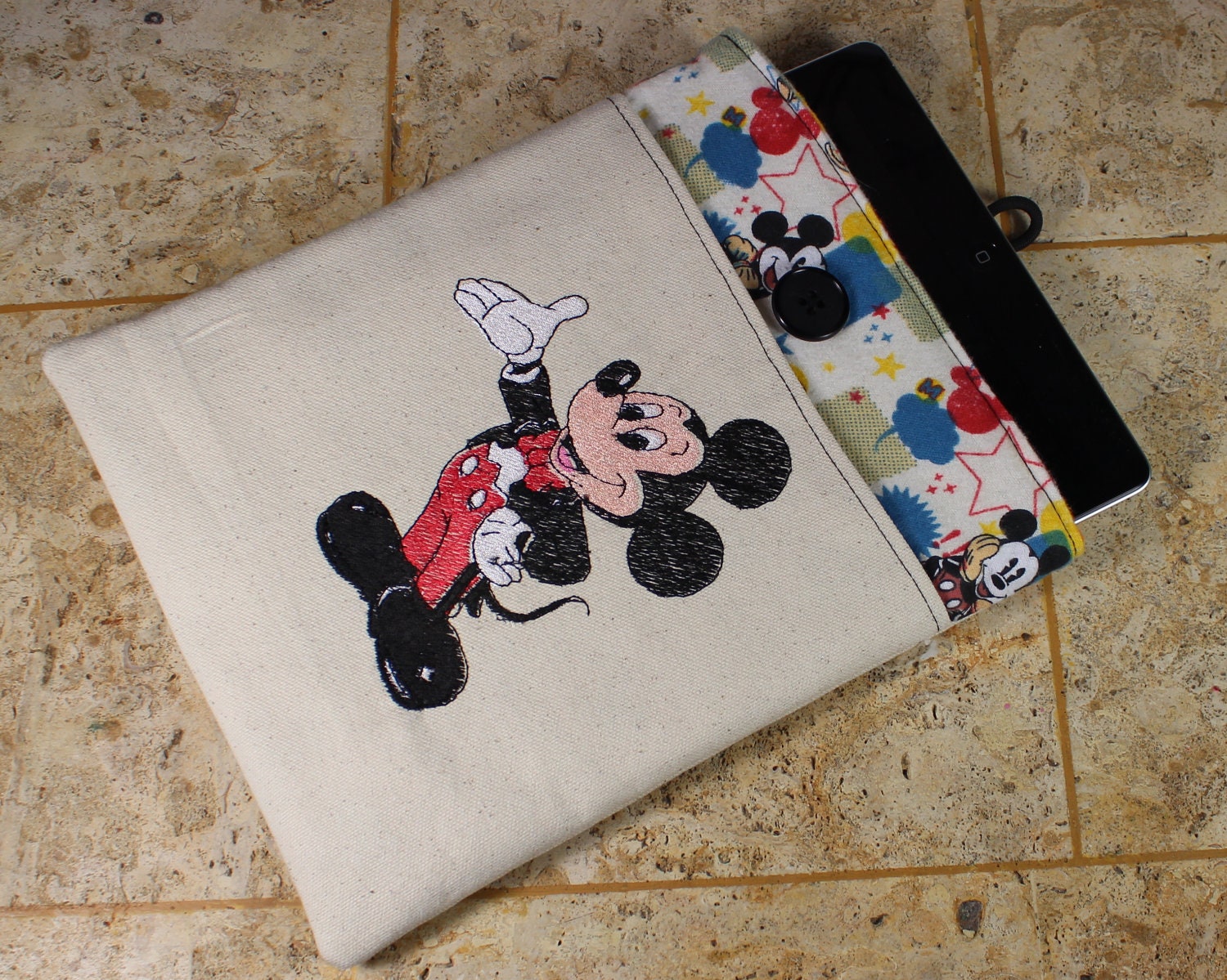 Disney iPad Cover, Mickey iPad 2 Case, Disney iPad 3 Cover, Mickey iPad Mini Sleeve with pocket - Embroidered  Mickey