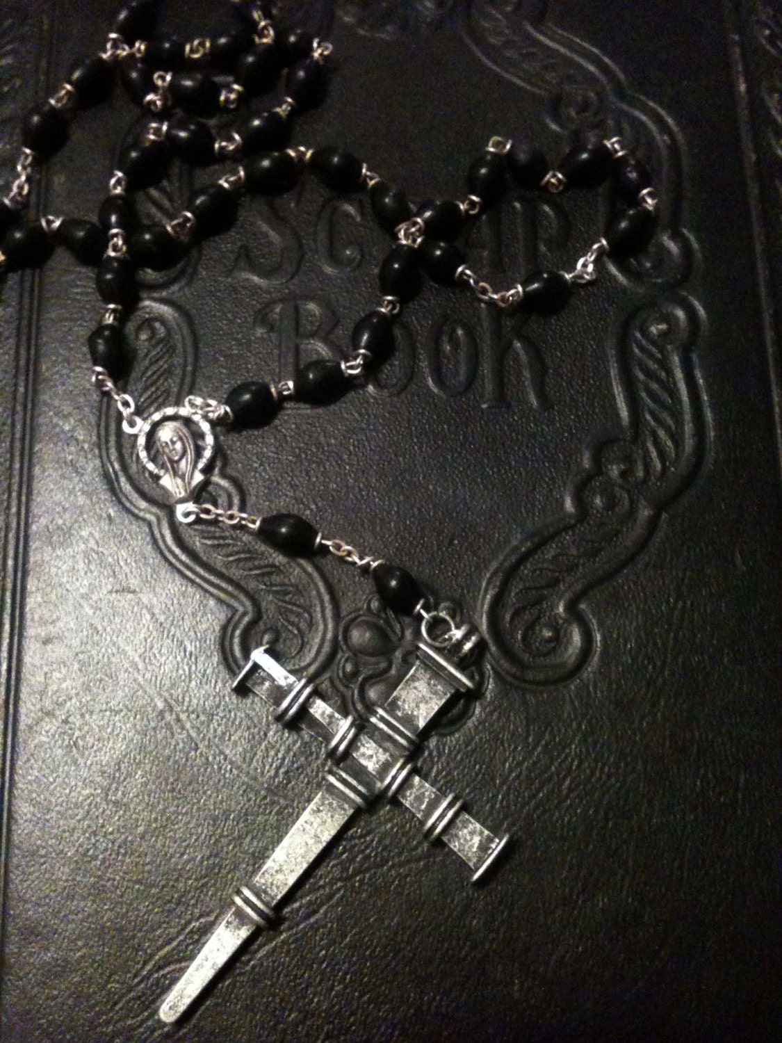 Black Wood Rosary with Large Pewter Dagger Cross