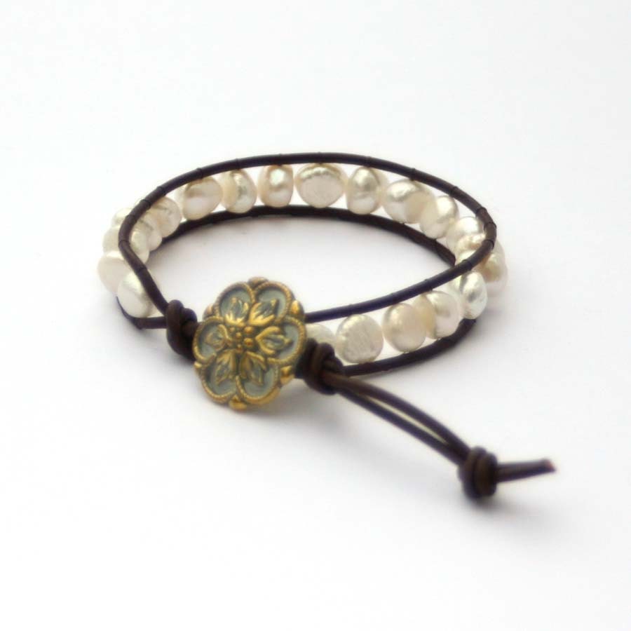 Brown Leather Beaded Wrap Bracelet - Stackable - White Pearl