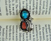 vintage ring, 1970's sterling silver TURQUOISE and CORAL feather Native American large ring