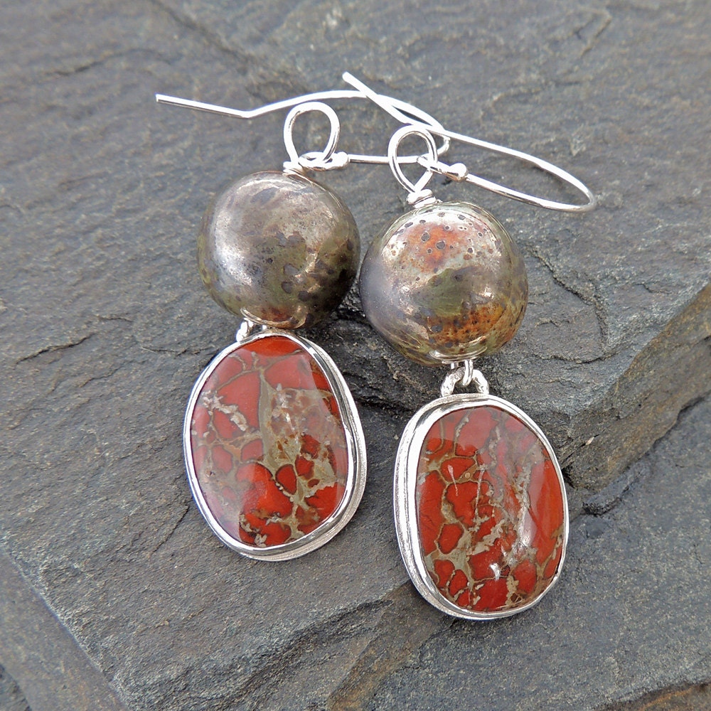 Deep Red One of Kind Sterling Silver Earrings Dinosaur Blood Jasper and Raku Beads