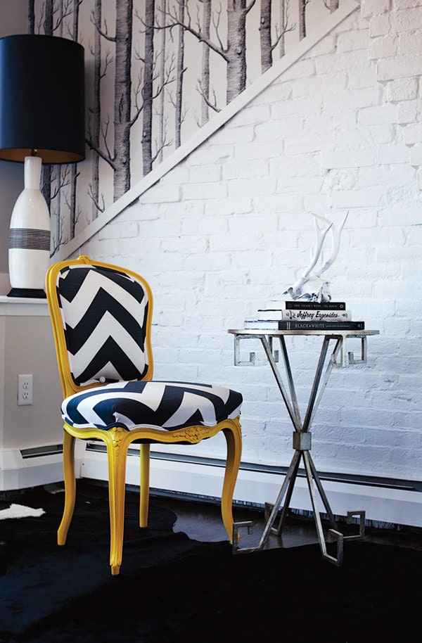 Yellow & Charcoal Chevron French Provincial Side Chair