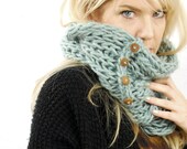 Knit Infinity Circle Scarf with Buttons, Antique Blue