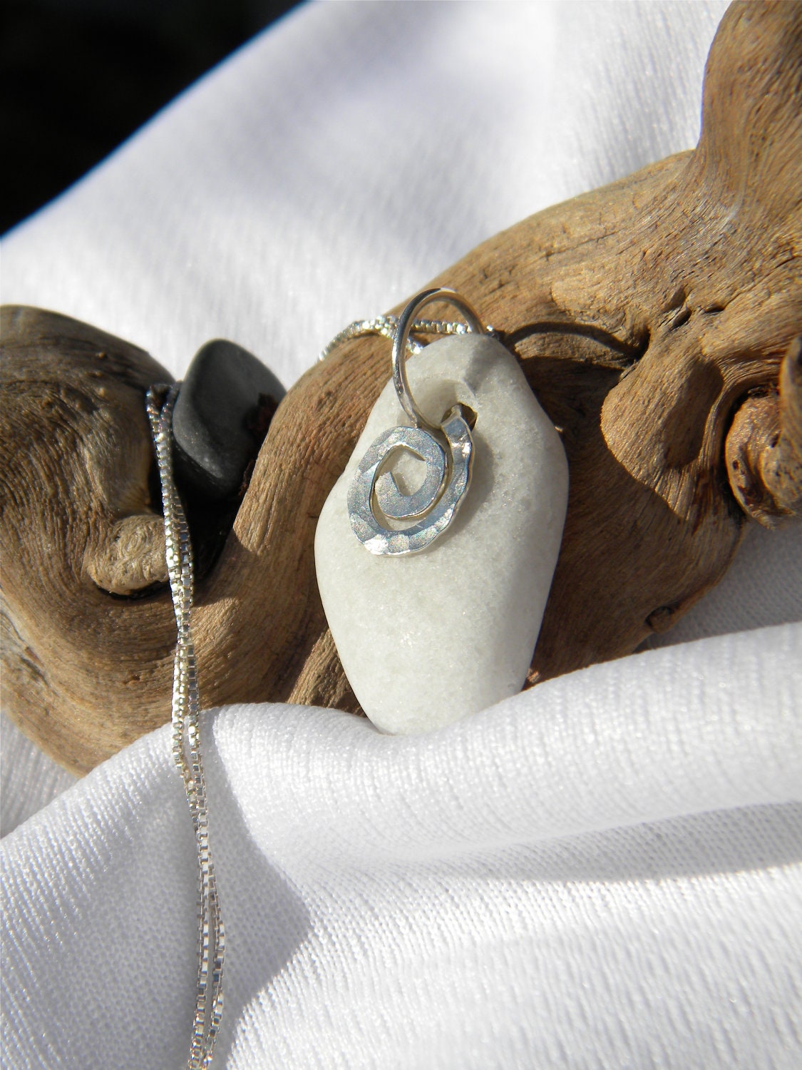 Beach Stone Necklace White Crystal Argentium and Sterling Silver