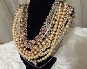 Multi Strand Necklace, Pearl Rhinestone n Crystals, Vintage Jewelry Upscale to Haute Coutue Shawl.