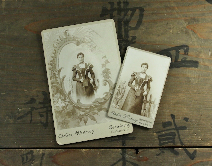 2 pc - Vintage Mourning Cabinet Card and CDV Photo "German Woman", Photography, Paper Ephemera, Antique, Snapshot, Old Photo, Collectibles