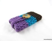 Crocheted iPod / iPhone / MP3 Player / Mobile Phone Cozy in Purple, Dark Turquoise and Brown Color Block