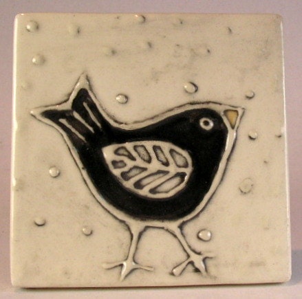 Handmade ceramic tile   4''x 4''  Black bird