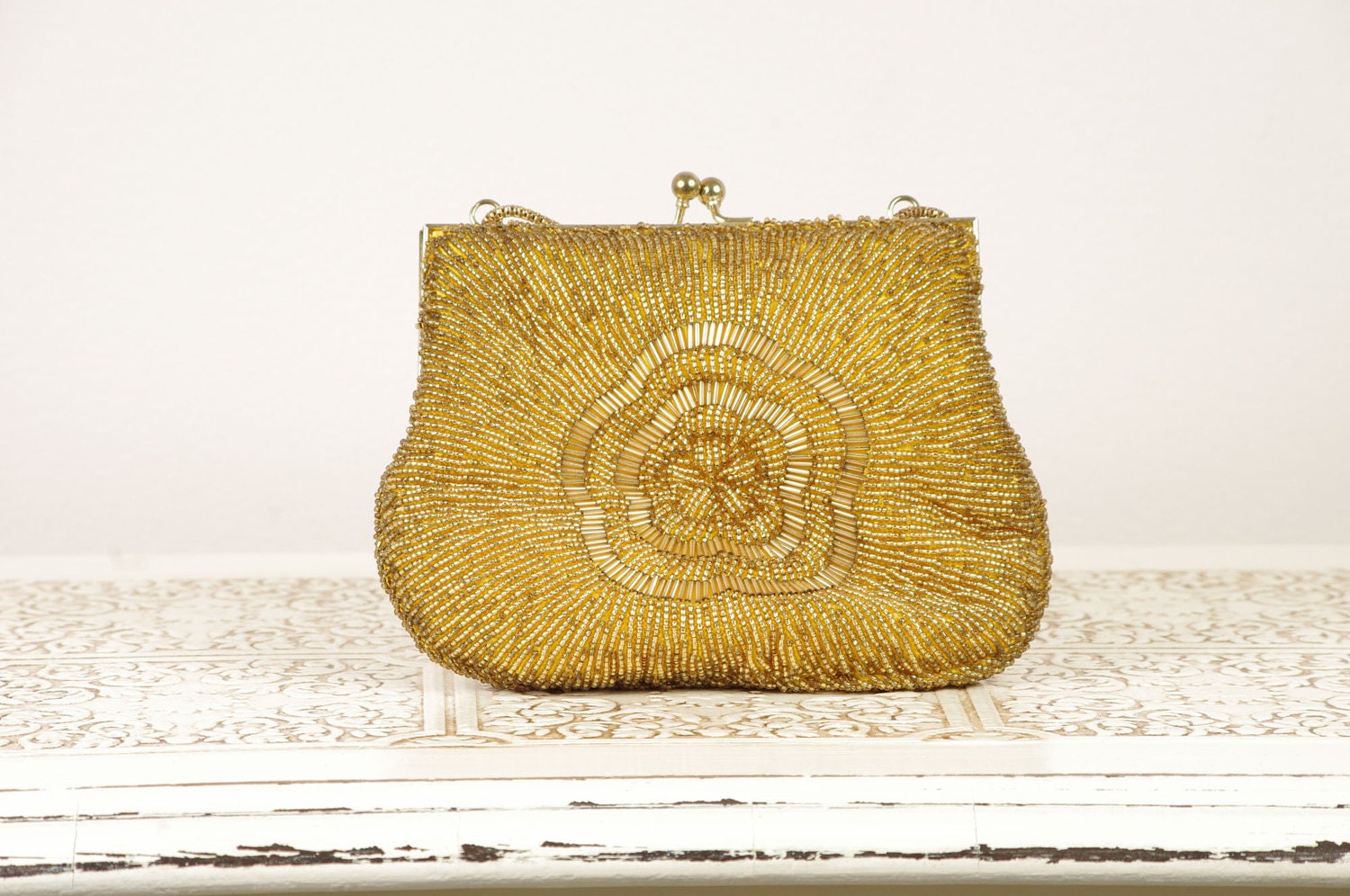 Vintage Gold Evening Bag Clutch - Beaded Purse - Made in Hong Kong by La Regale - DuryeaPlaceDesigns