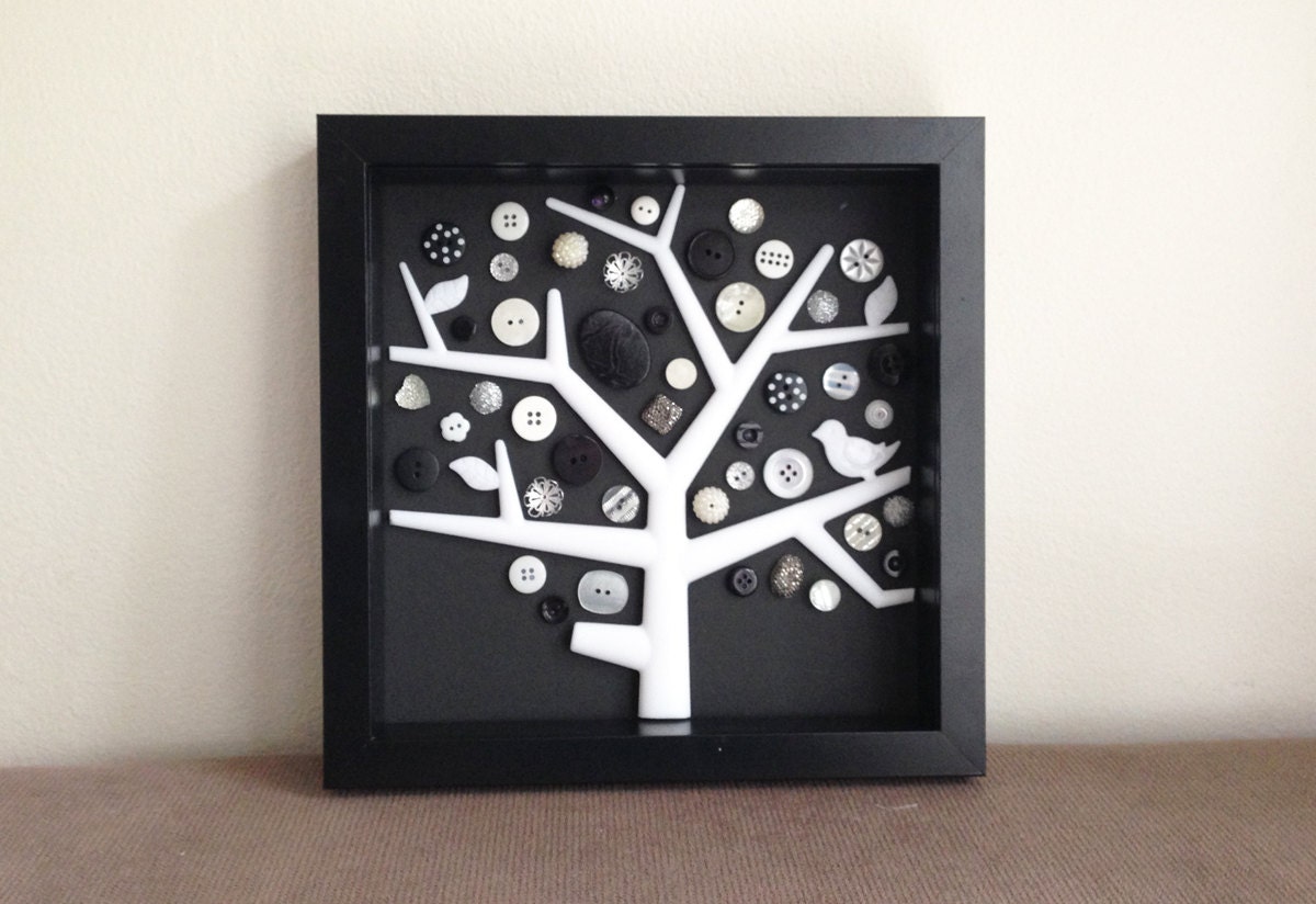 Mixed Media Art, Button Tree, Home Decor,  3D art, Black, Silver, White White, Vintage Buttons  in Framed Shadow Box