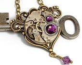 Steampunk Jewelry Steampunk Necklace Vintage Watch Necklace Amethyst Purple Antique Brass Victorian Steam Punk Jewelry Victorian Curiosities