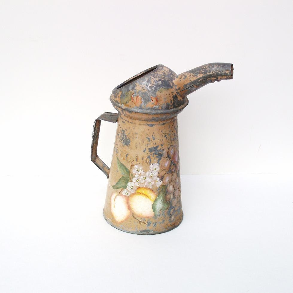 Galvanized Watering Can, Old Oil Can, Industrial Chic, Metal Container, Peach Decor, Pear Art