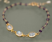 Rainbow Moonstone Bracelet - Bezel Gold bracelet - Wire wrapped Amethyst Bracelet  - bridesmaid bracelet Mother's Day Gift
