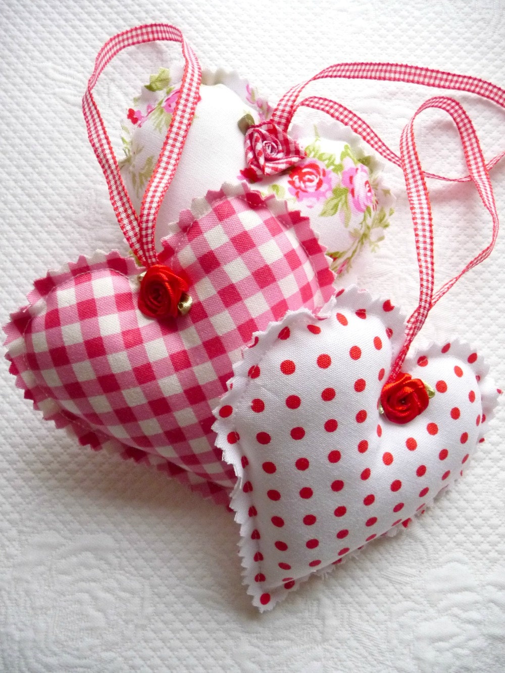 Shabby Chic Decorative Red Gingham, Polka Dot, Floral Hanging Hearts, Christmas Ornament, Satin Roses, Valentine, Trio