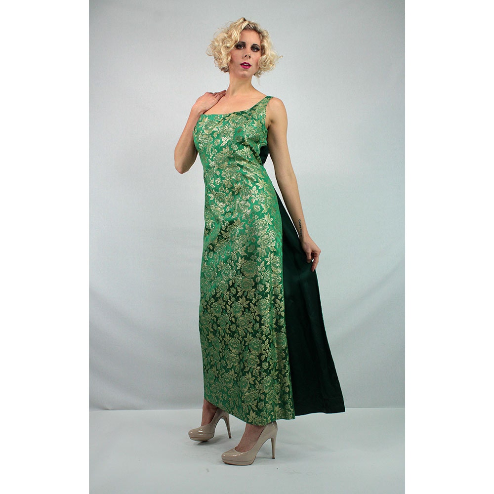 Emerald green and gold brocade gown. Satin gown with train.1960's Mad men era. 60's Gown.