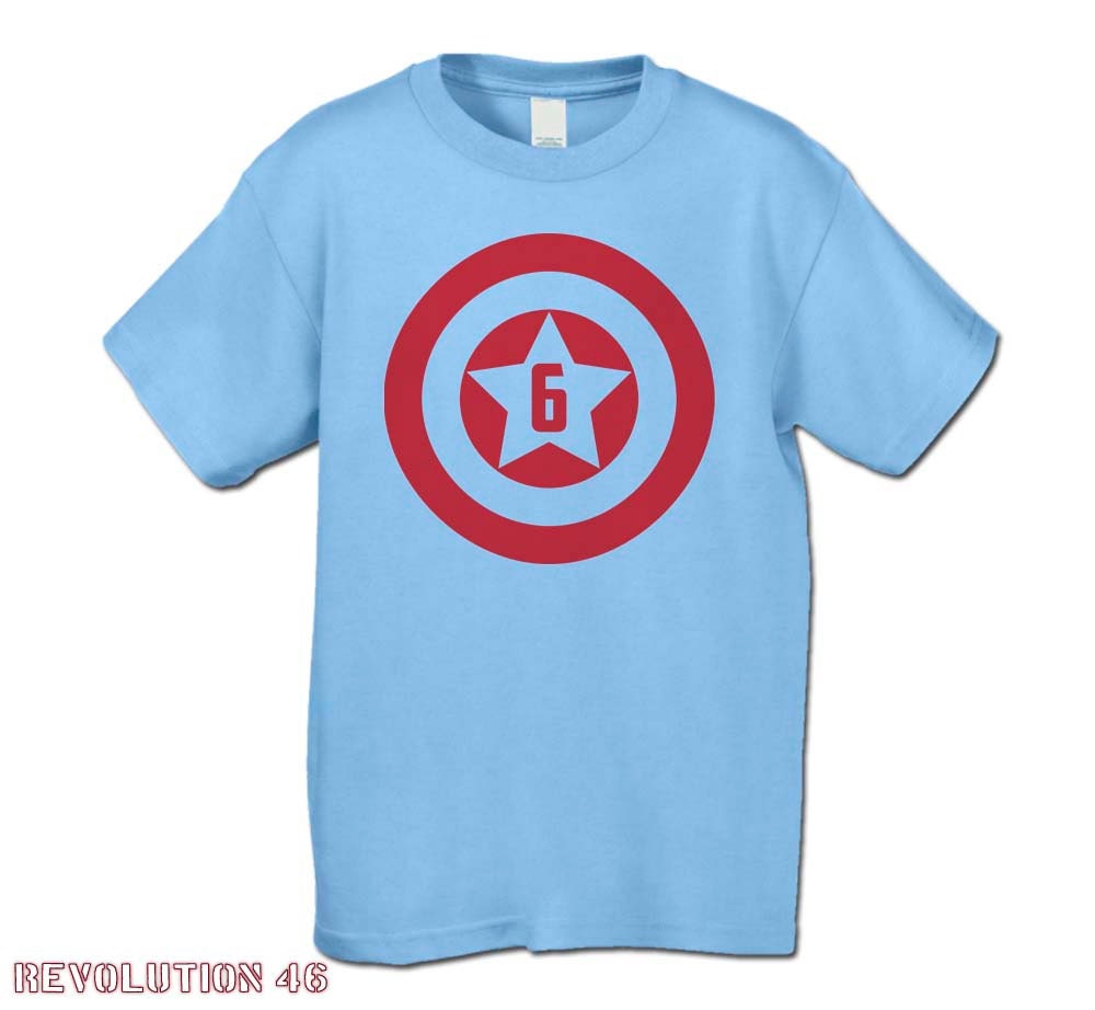 6th Birthday Shirt - American Super Hero Birthday T-Shirt - Number 6  Shirt (CA 1066 Red Ink)