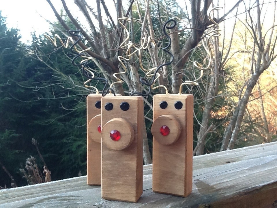 Zany Reindeer Duo Ornaments  Christmas Salvaged Pine Pieces