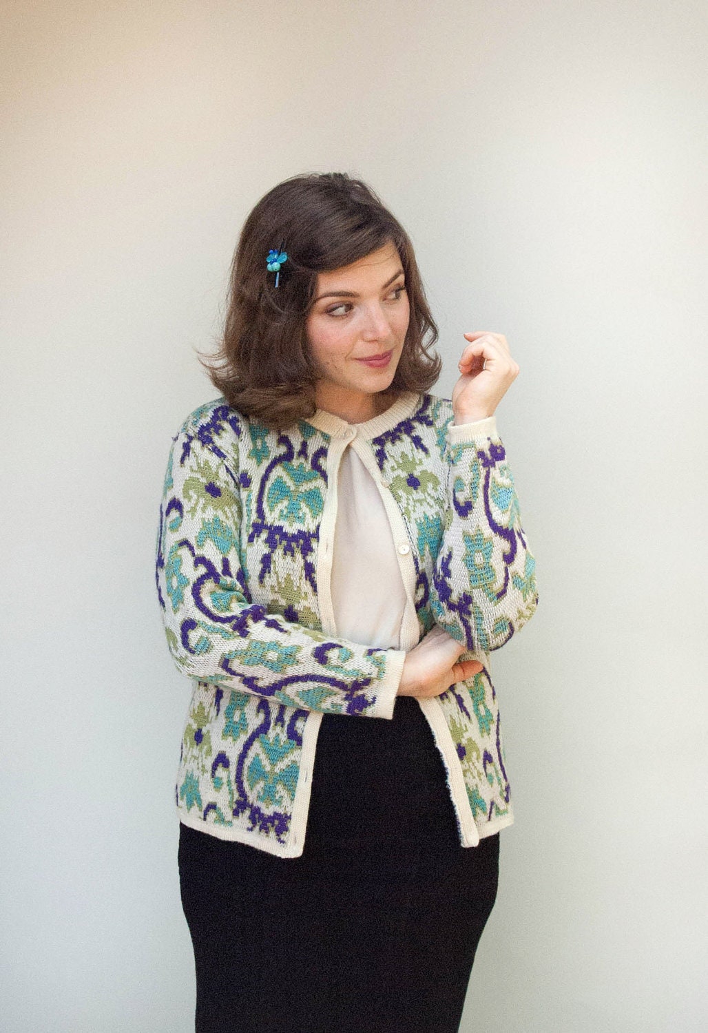 Vintage 1960s Sweater - Mosaic - Gorgeous Blue Purple and Green Knitted Wool Cardigan