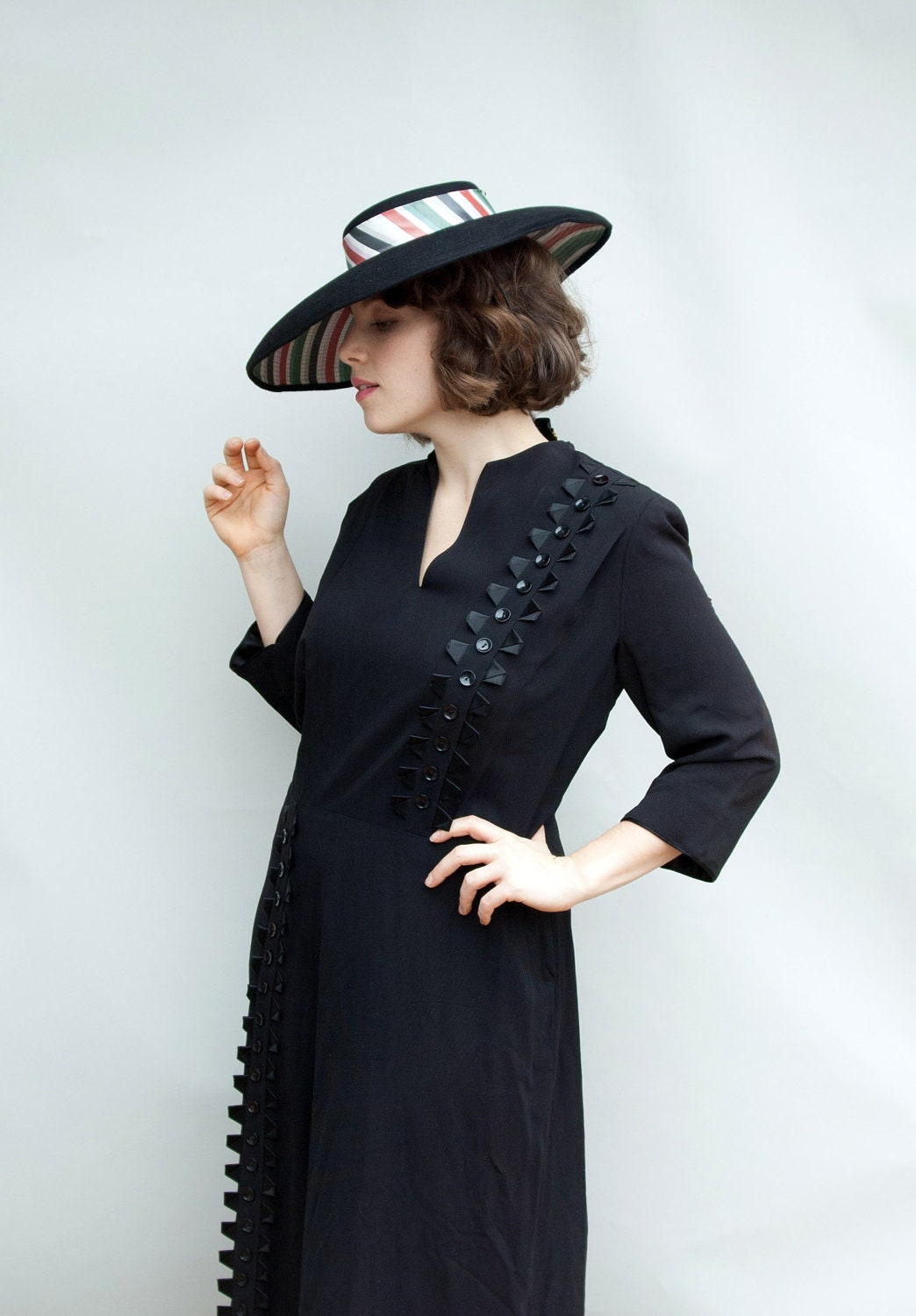 Vintage 1940's Dress - Promenade - Large Plus Size Fourtied Black Rayon Day Dress with Buttons and Ribbons