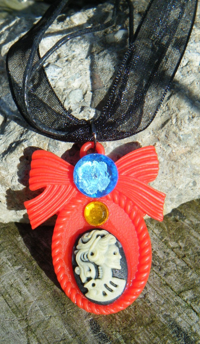 Kawaii Skeleton Lolita Necklace on Organza ribbon with silver findings.Cute red and black skeleton Necklace. ON SALE WAS 12.00