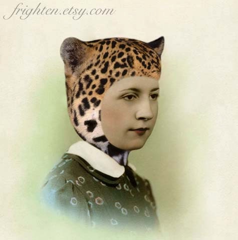 Leopard Art, Mixed Media Collage Print, Miss Kitty, Altered Vintage Photograph, frighten