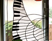 Pair Stained Glass Music Panels Fantasy Modern white black blue green gold piano bass